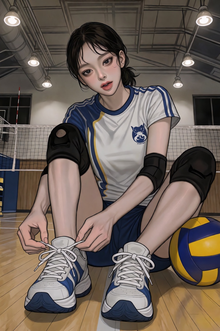 cTbcc,  manhwa Waist-up shot of a young woman in a volleyball uniform,  sitting on a polished gym floor tying the laces of...