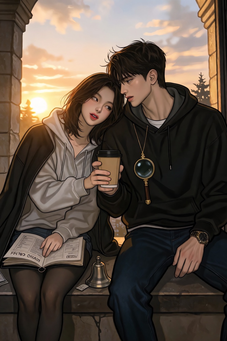 cTbcc,  manhwa A waist-up shot of a young woman and a young man sitting side-by-side on a stone windowsill at sunrise,  pa...