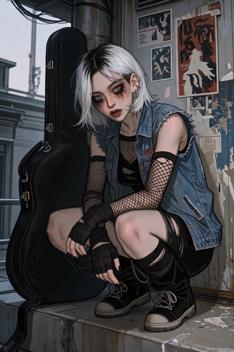 cTbcc,  manhwa A young woman crouches on a concrete ledge,  elbows on her knees on Tensor.Art