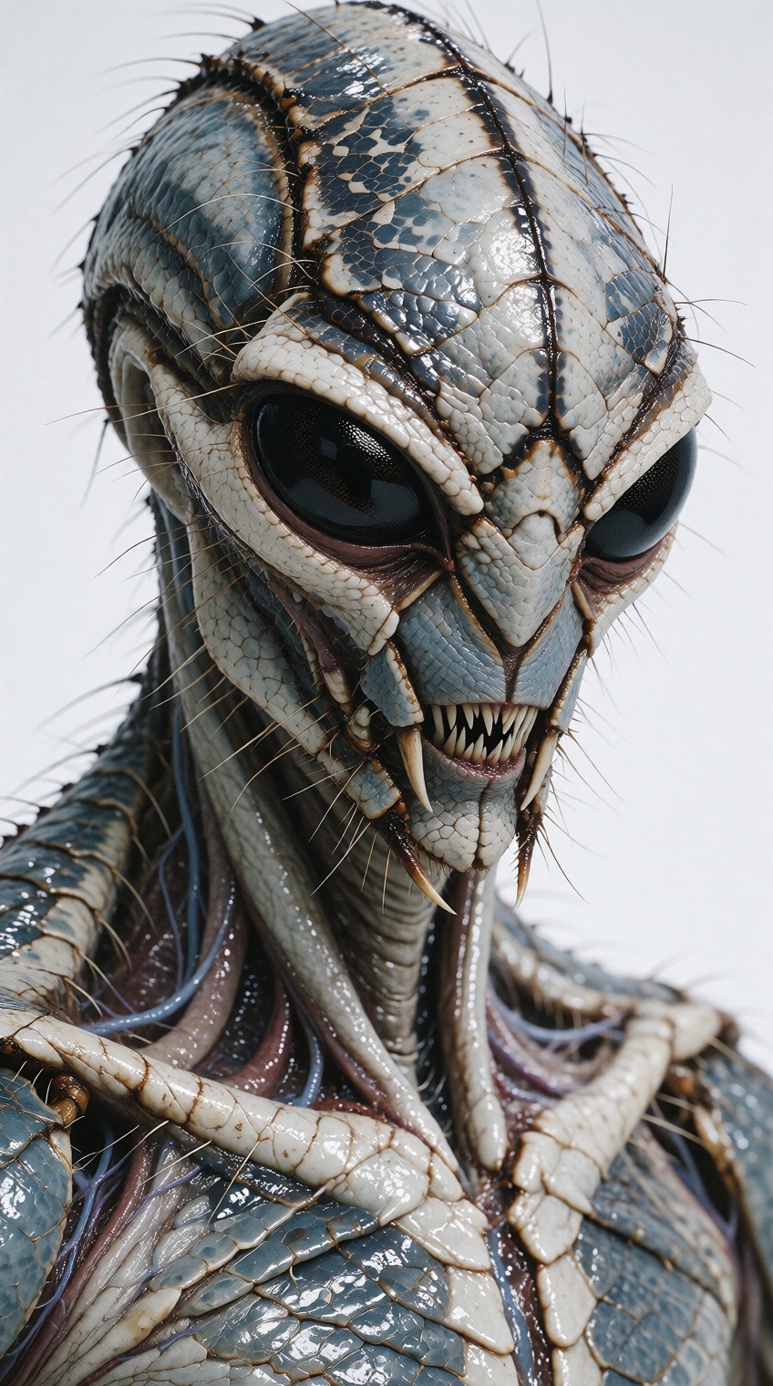 terrifying mature insectoid extraterrestrial humanoid,  beetle-inspired alien anatomy,  elongated heavily armored cranium...
