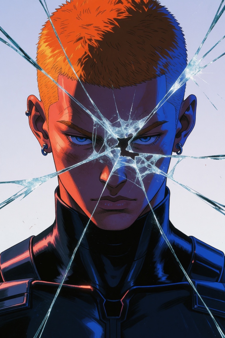 frut1g3r,  Young man with a buzz cut dyed bright orange on top and shaved sides. He has a blue eyes,  and small stud earri...