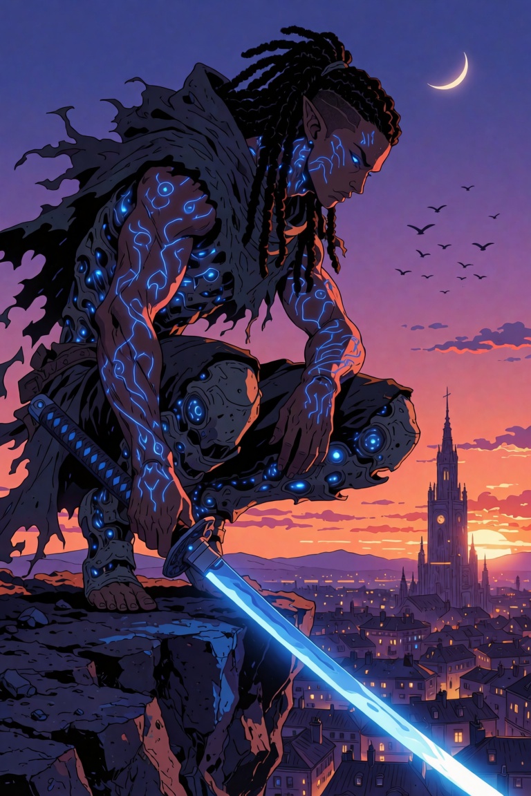 frut1g3r,  Muscular,  dark-skinned demon warrior crouching on a rocky cliff edge at twilight. He has long dreadlocks on Te...