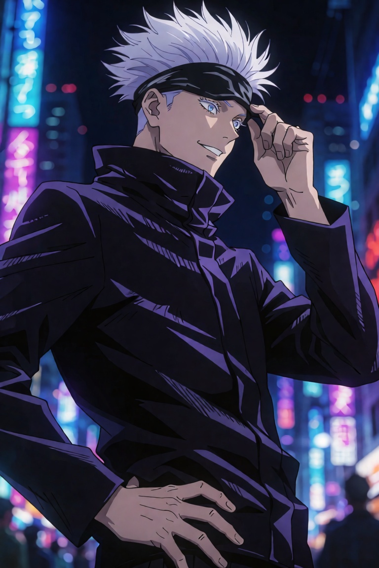 frut1g3r,  A high-quality anime illustration of Satoru Gojo from Jujutsu Kaisen in a three-quarter side view. He has messy...