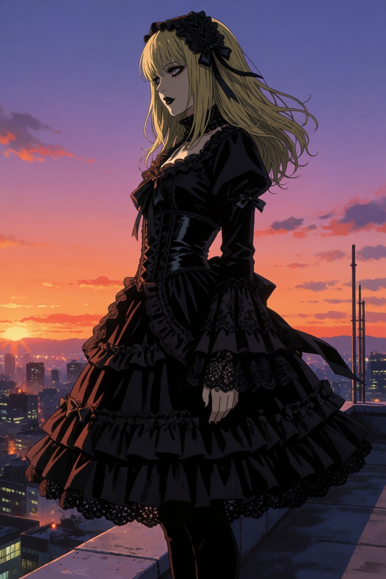 frut1g3r,  Misa Amane from Death Note standing on the edge of a high rooftop at sunset. She is wearing a detailed black go...