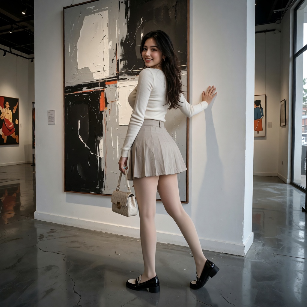 A photorealistic young ***** woman inside a sophisticated contemporary art gallery,  full-body framing,  standing in front...
