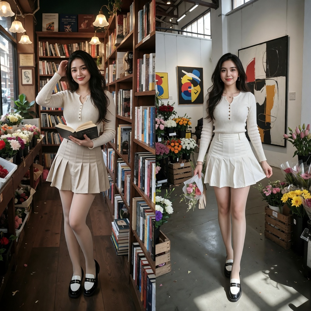 1. Bookstore — Casual Candid A photorealistic young ***** woman in a cozy independent bookstore,  full-body framing,  stan...