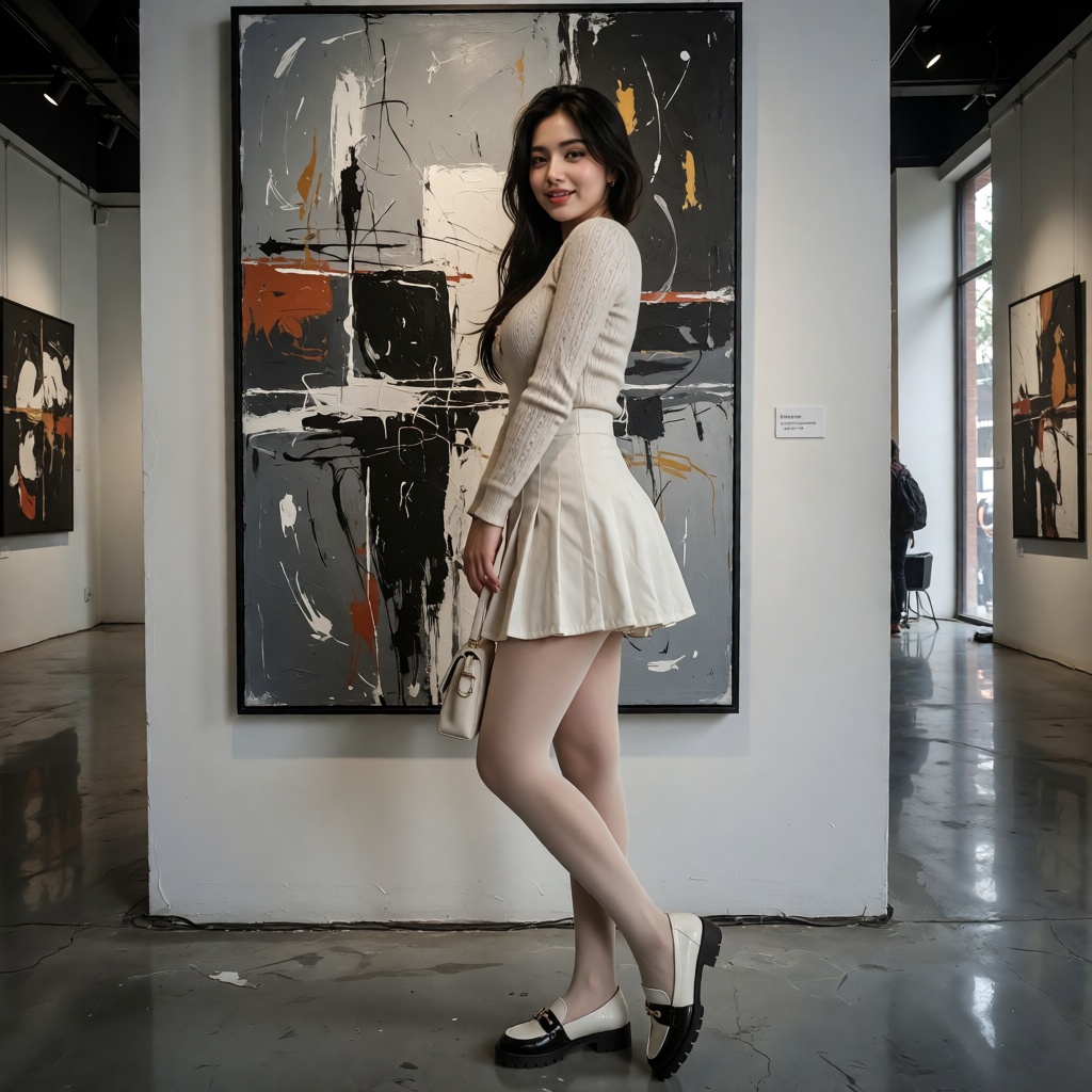 A photorealistic young ***** woman inside a sophisticated contemporary art gallery,  full-body framing,  standing in front...
