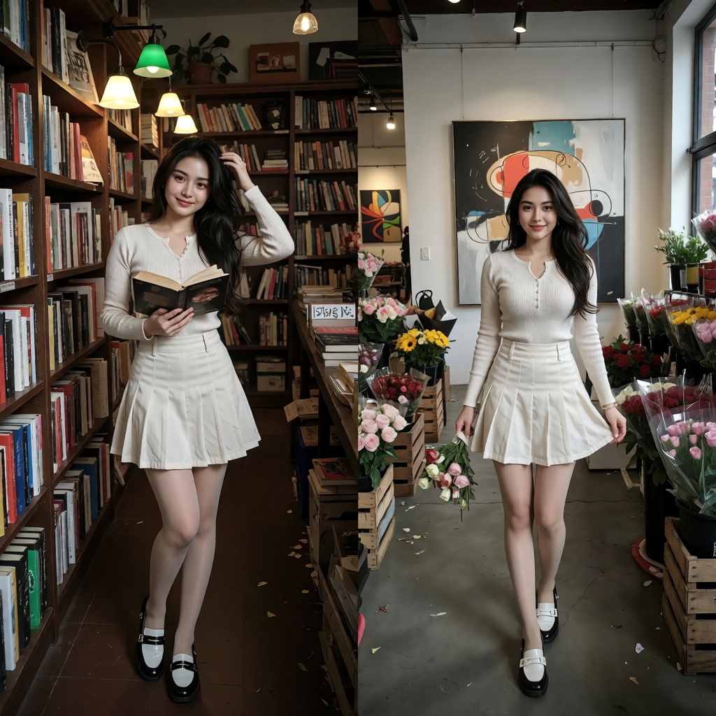 1. Bookstore — Casual Candid A photorealistic young ***** woman in a cozy independent bookstore,  full-body framing,  stan...
