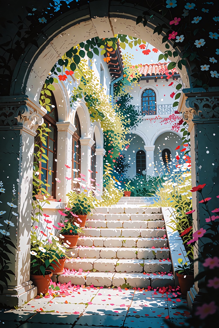 The image depicts a picturesque garden scene with a stone staircase leading up through an archway. The staircase is flanke...