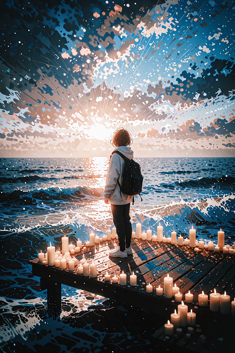 The image depicts a young person standing on a wooden platform by the sea,  gazing at the horizon where the sun is setting...