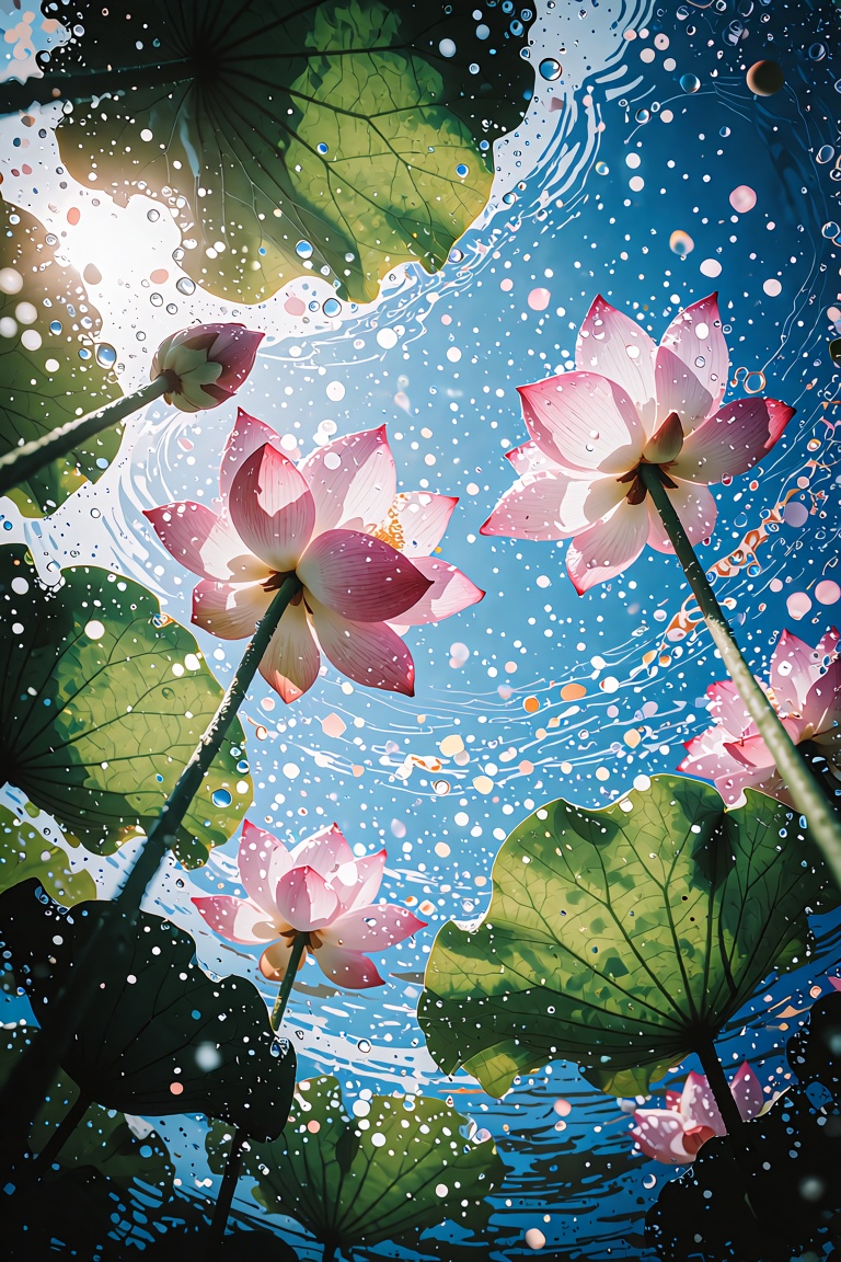 The image depicts a vibrant and serene scene of pink lotus flowers floating on the surface of a pond,  surrounded by lush...
