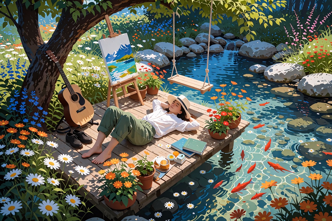 The image depicts a serene outdoor scene with a person lying on a wooden platform surrounded by a clear,  shallow stream....