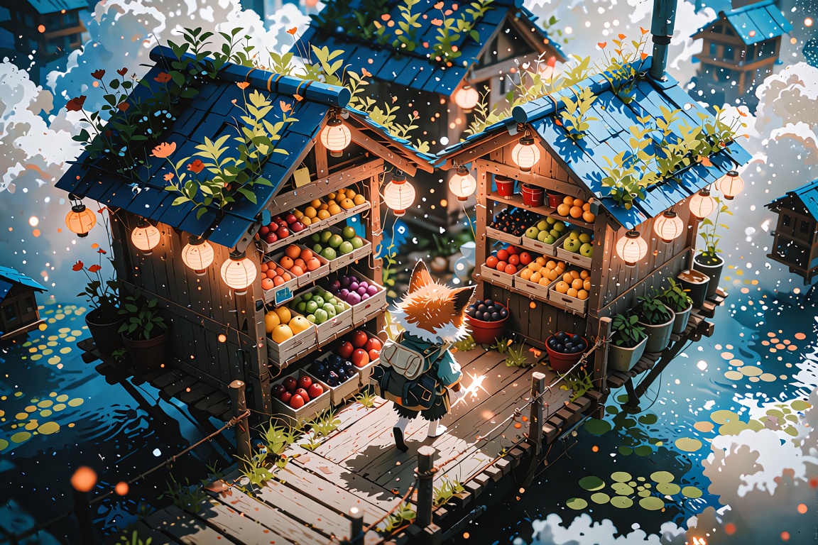 The image depicts a vibrant,  whimsical scene filled with floating wooden structures and colorful market stalls. A fox-lik...