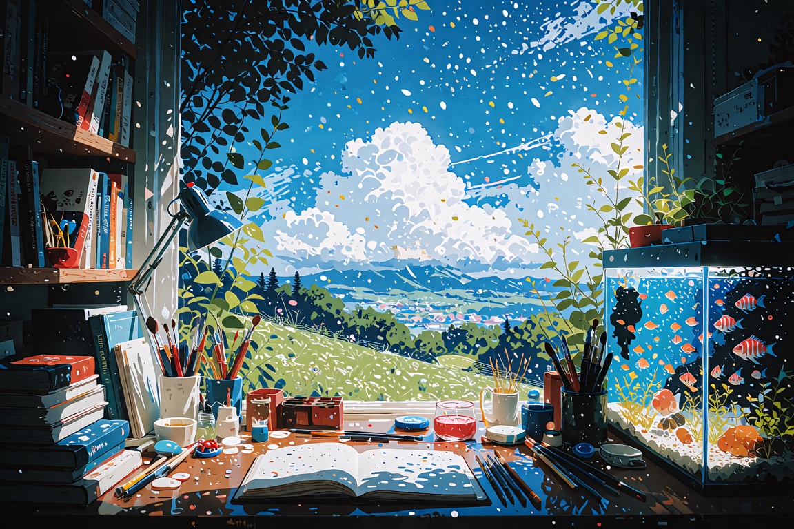 The image depicts a serene workspace with a large window overlooking a lush,  green landscape. The workspace is filled wit...