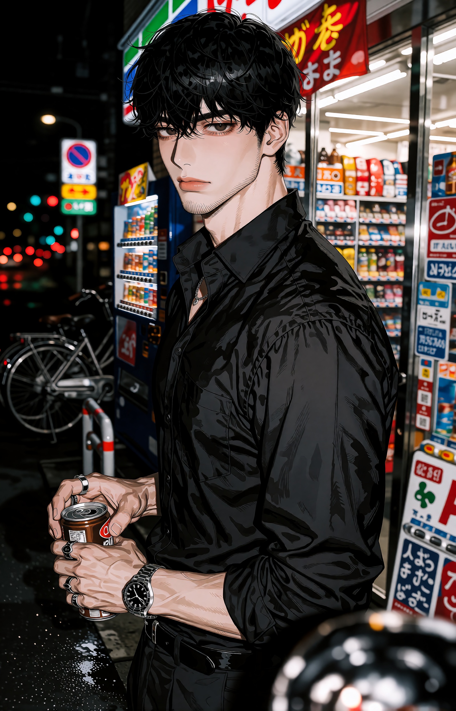 A high-end cinematic anime illustration of a strikingly handsome ***** man in his late twenties standing outside a brightl...