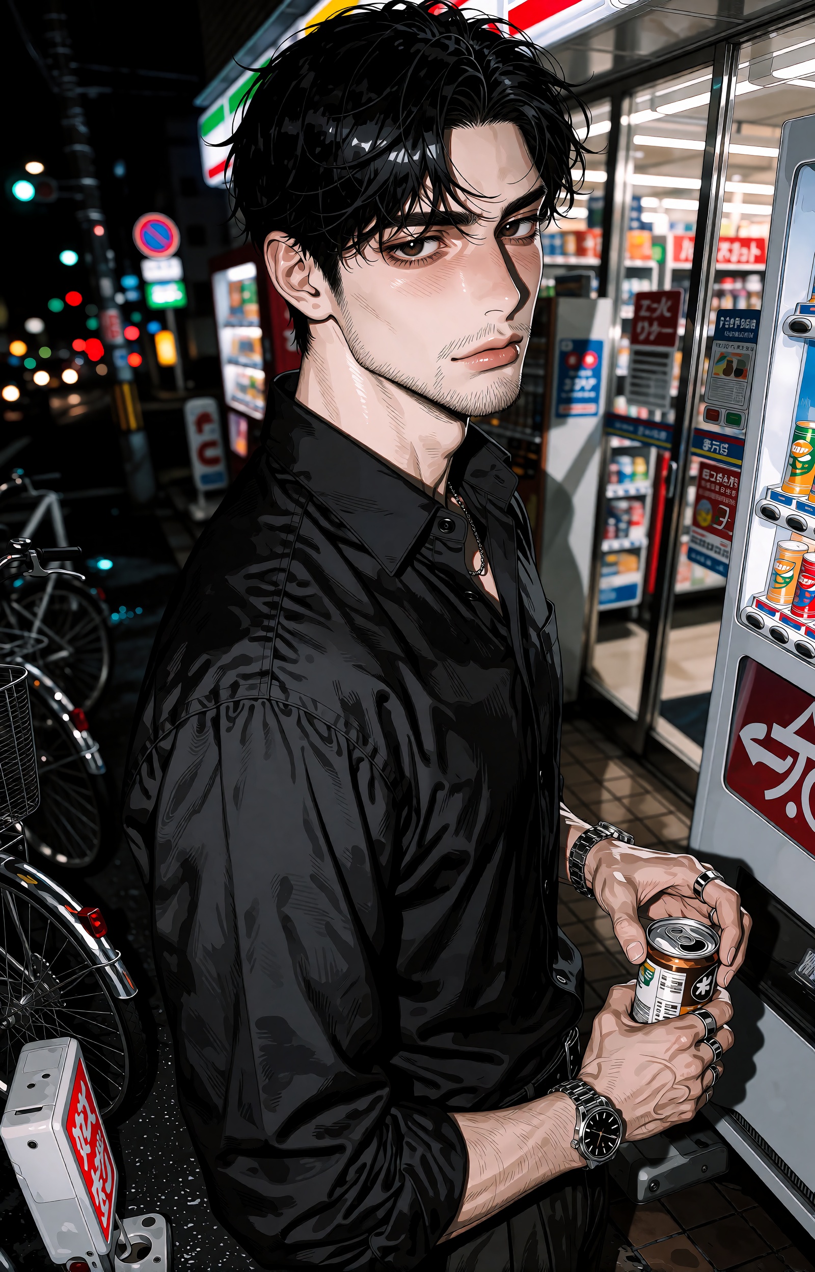 A high-end cinematic anime illustration of a strikingly handsome ***** man in his late twenties standing outside a brightl...
