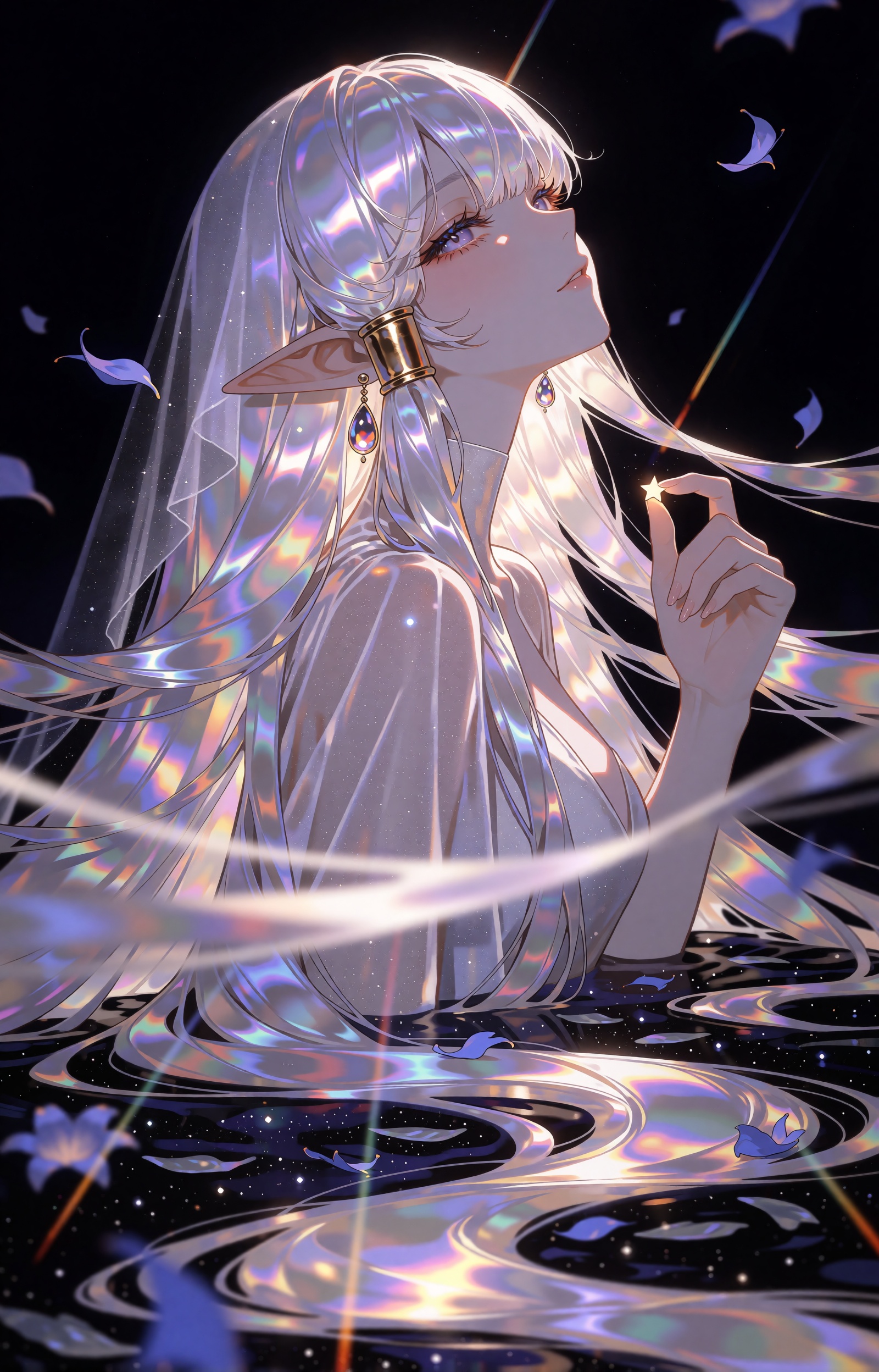 SUBJECT : An ethereal elf maiden floats in a boundless dark,  her body little more than an anchor for her hair. Pearlescen...