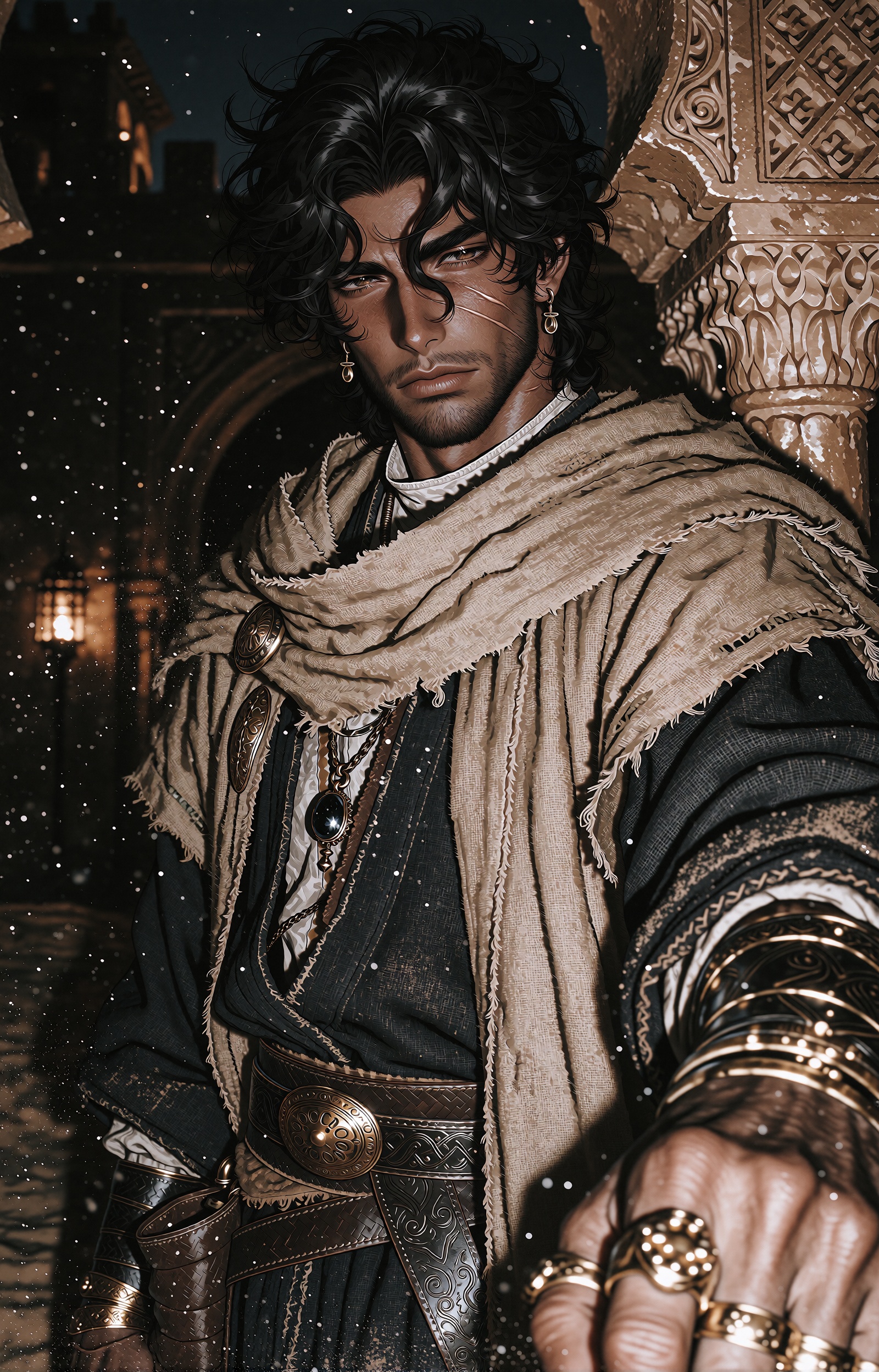 A sophisticated fantasy-anime portrait of a handsome ***** desert nobleman in his early thirties,  tall and powerfully bui...