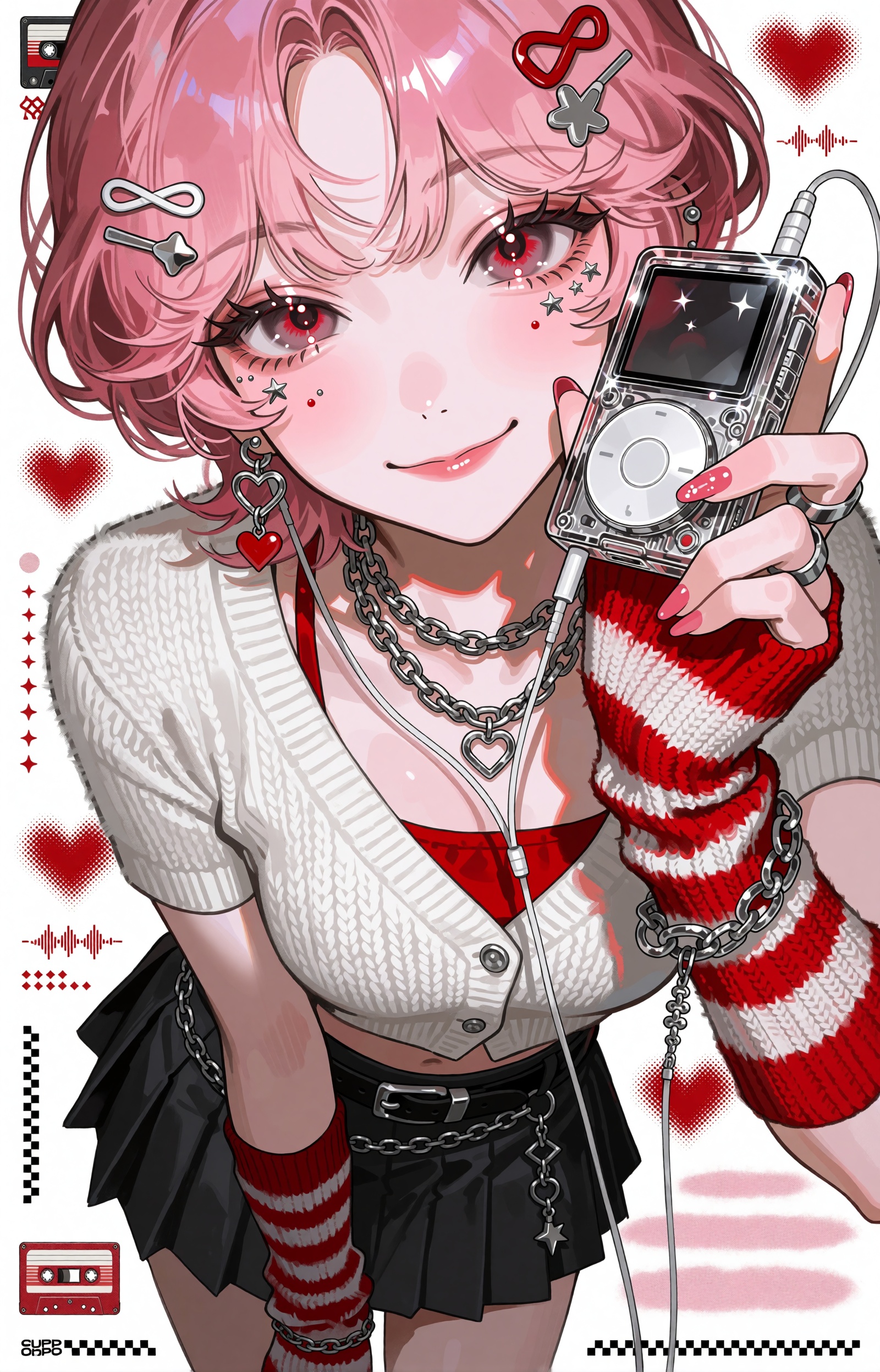 SUBJECT : An ***** woman with short fluffy rose-pink hair,  glossy cherry-red eyes and a playful closed-mouth smile,  her...