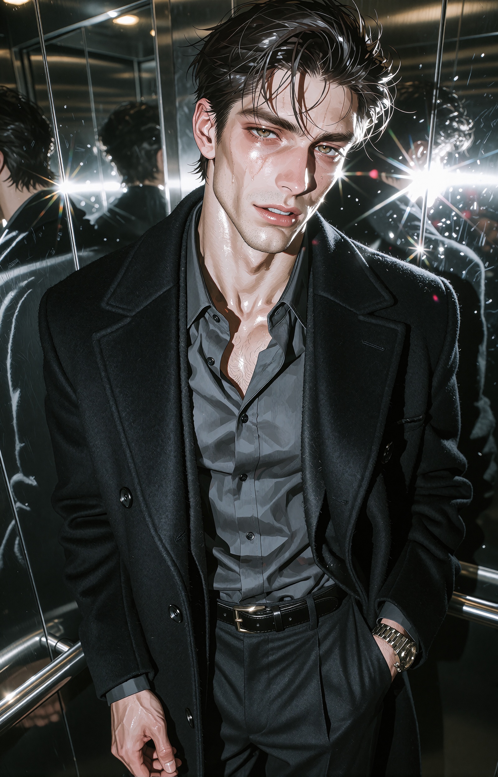 A stylish anime fashion photograph of a handsome clean-shaven man around 30 inside a narrow stainless-steel elevator,  cap...