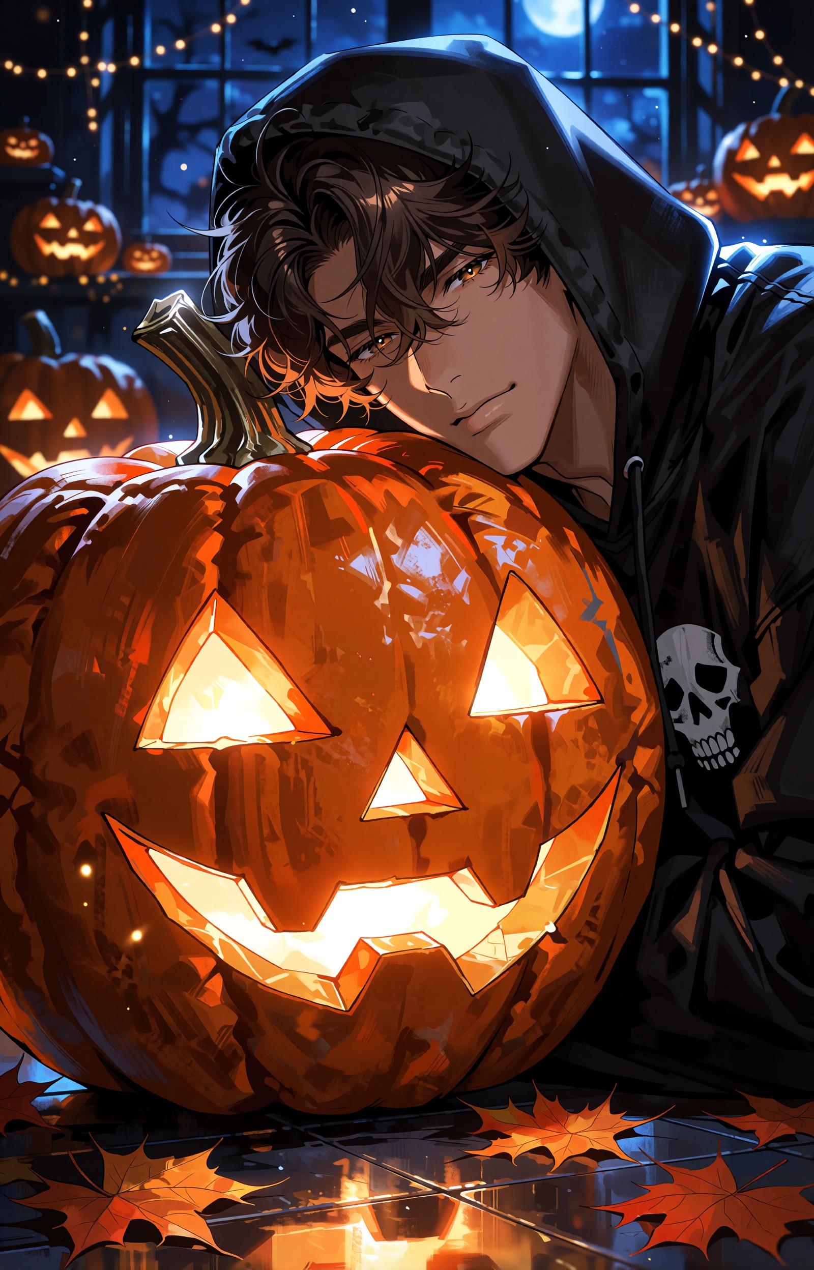 A cinematic Halloween anime illustration of a handsome ***** man with warm tan-brown skin,  a mature masculine face,  defi...