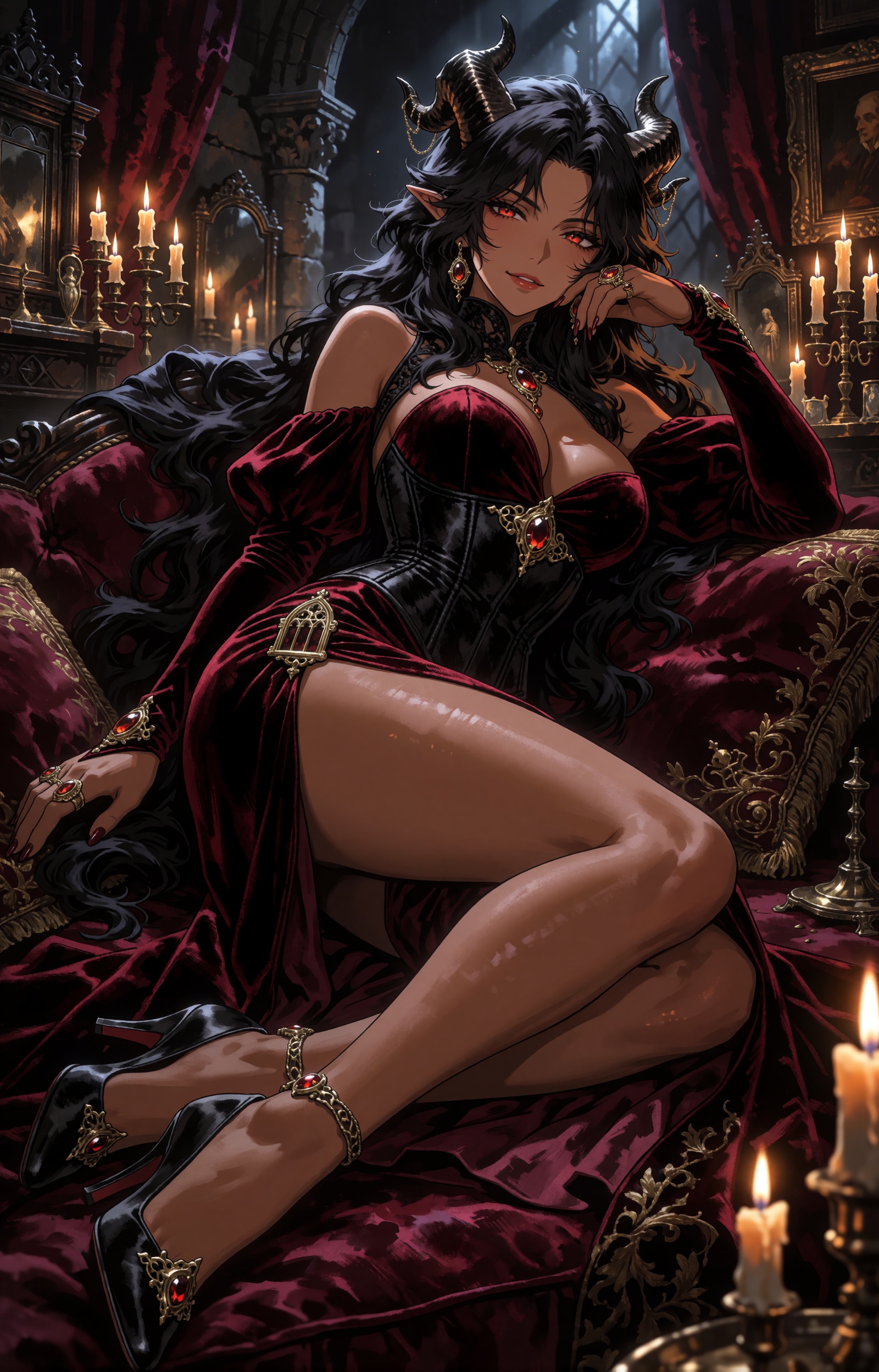 SUBJECT : A striking ***** woman in her early forties known as the Crimson Reliquary Duchess,  with a softly chubby hourgl...