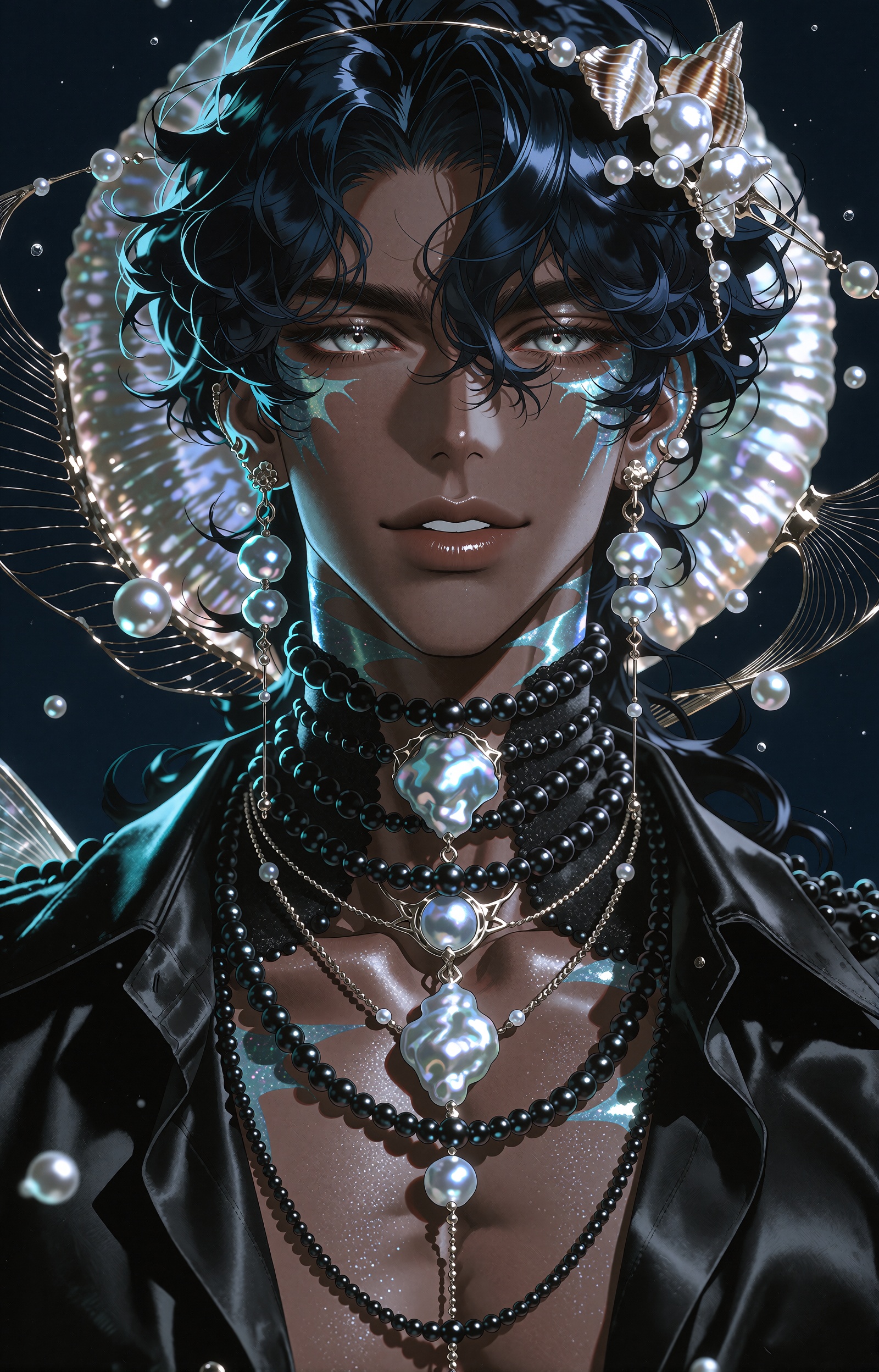 A luxurious fantasy anime portrait of a breathtakingly handsome ***** man with deep umber skin,  long wavy midnight-blue h...