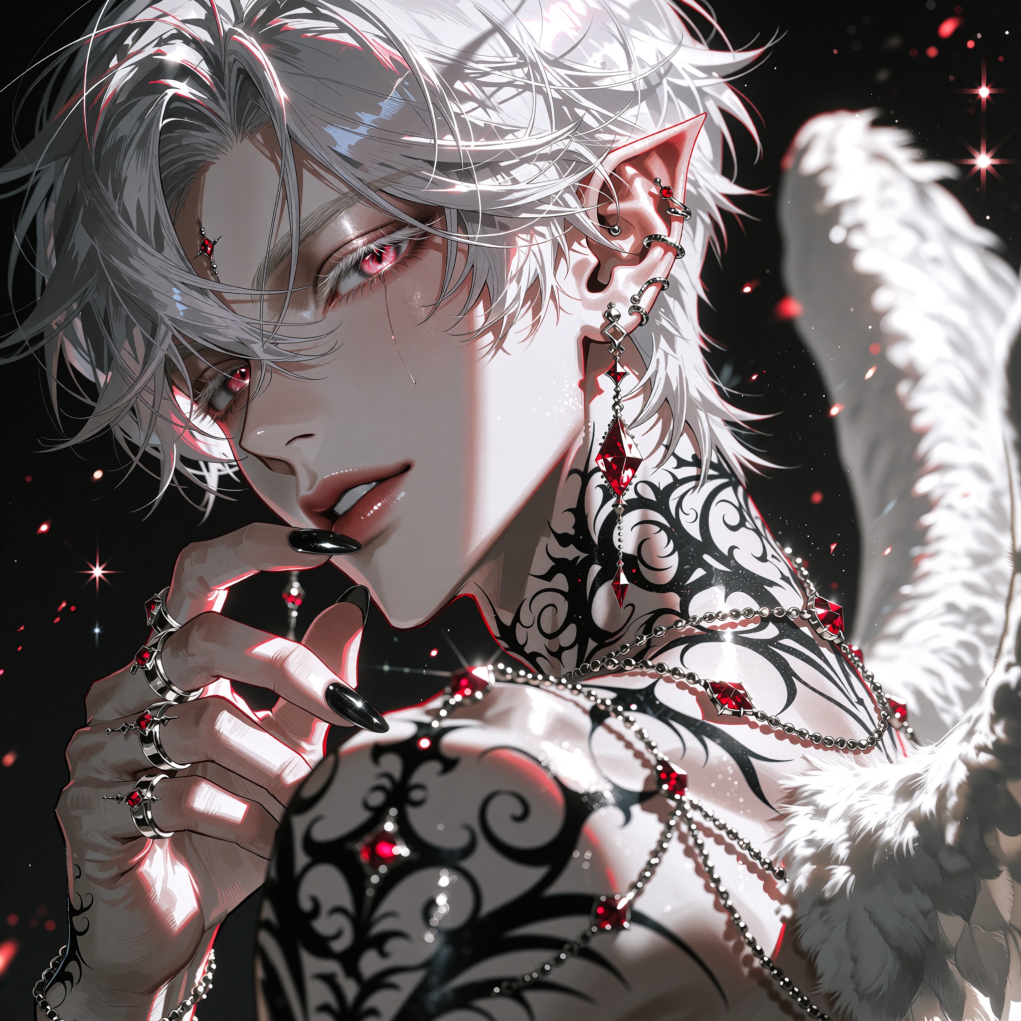 A dark celestial anime portrait of an exquisitely handsome ***** man with soft white hair falling in layered windswept str...