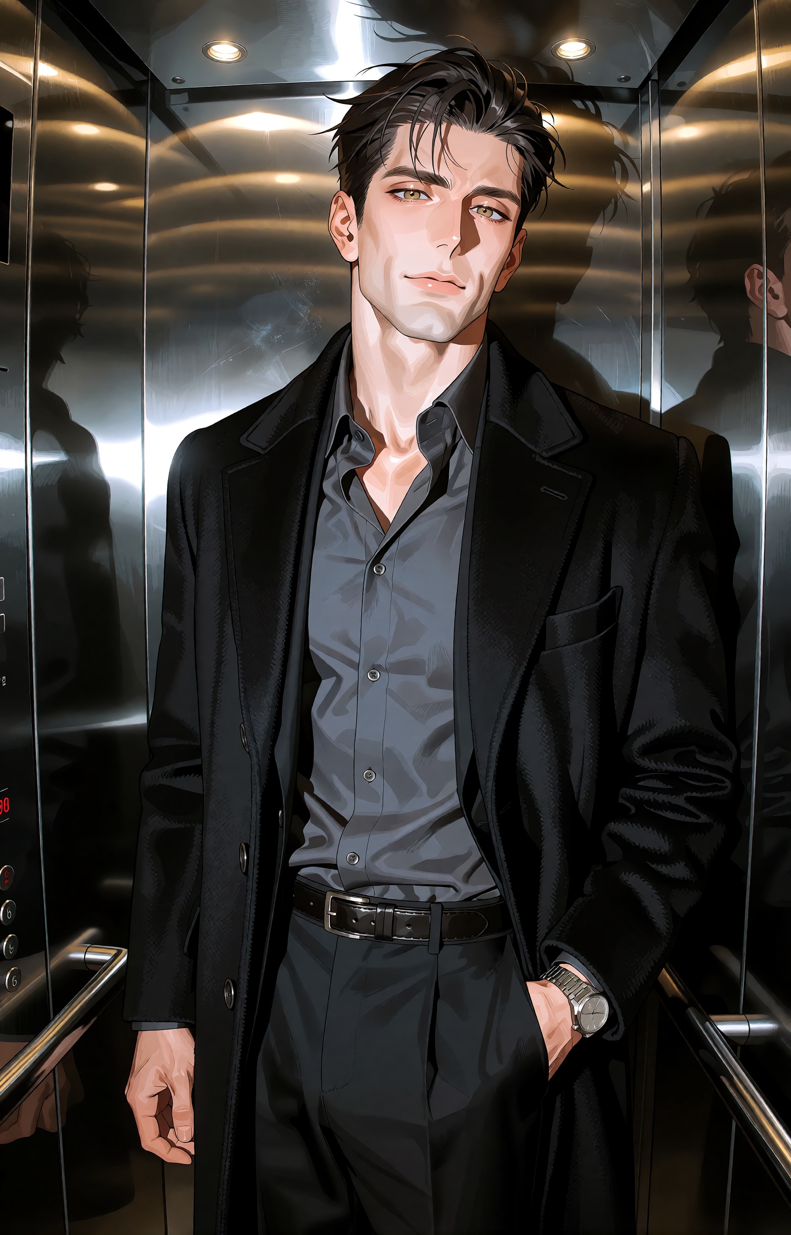A stylish anime fashion photograph of a handsome clean-shaven man around 30 inside a narrow stainless-steel elevator,  cap...