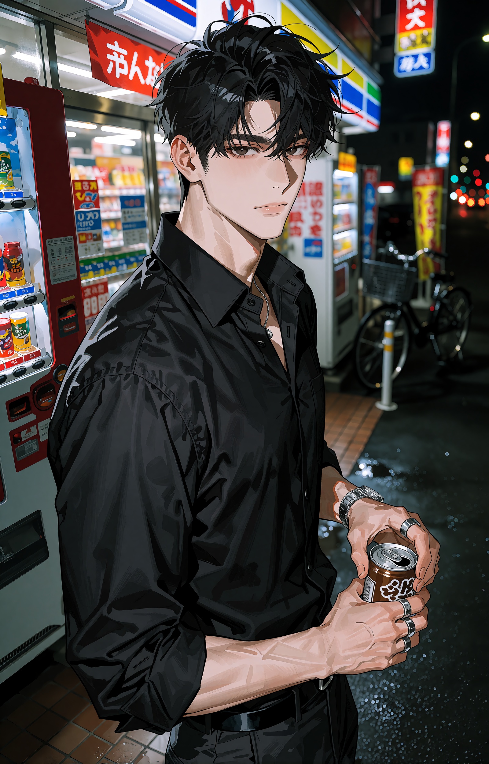 A high-end cinematic anime illustration of a strikingly handsome ***** man in his late twenties standing outside a brightl...
