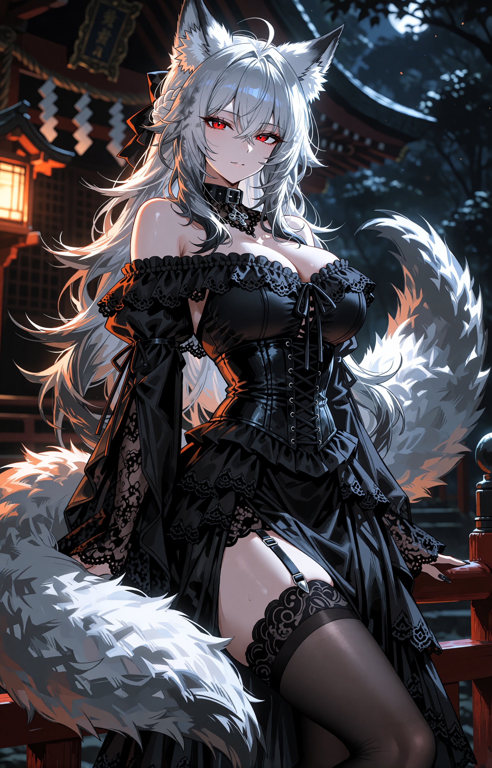 A highly detailed cinematic anime illustration of a mature ***** wolf woman with long flowing silver-white hair,  large fl...