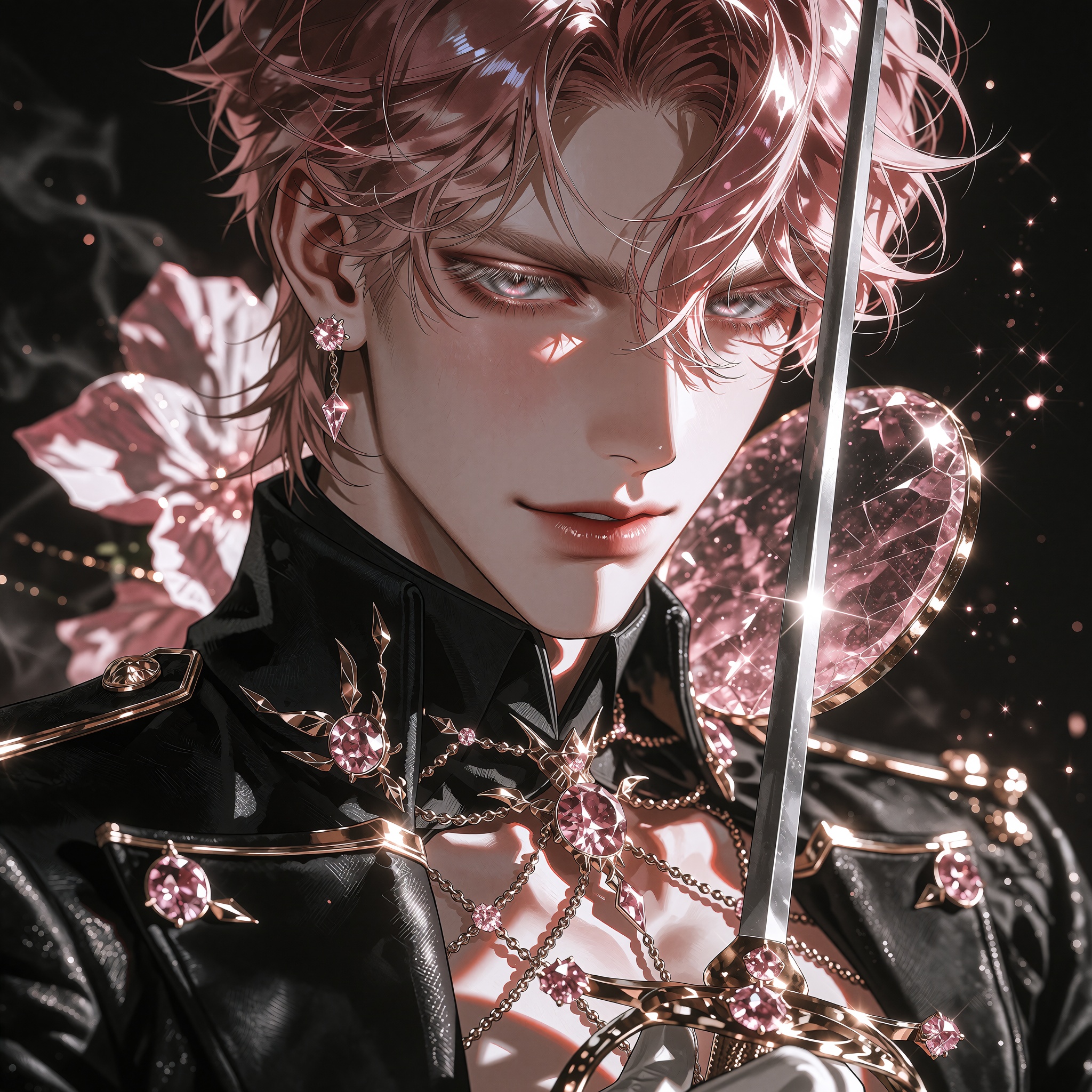 A romantic fantasy anime portrait of a devastatingly handsome ***** man with soft rose-gold hair falling in layered waves...