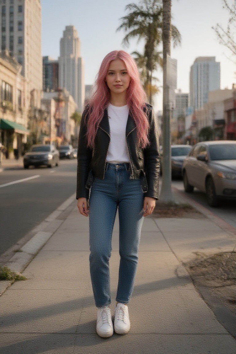ainara,  full body shot,  long pink hair in loose waves on Tensor.Art