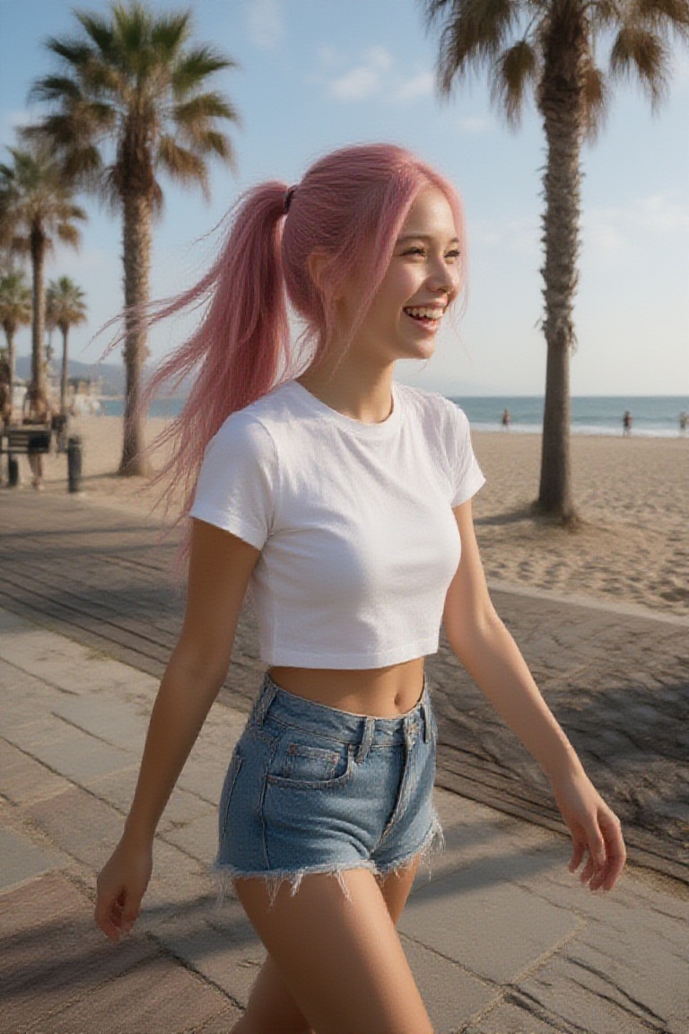 ainara,  pink hair in a high ponytail,  white crop top on Tensor.Art