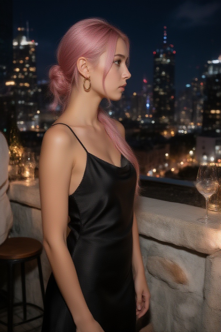 ainara,  side profile view,  pink hair in a sleek low bun on Tensor.Art