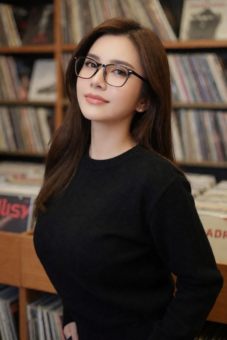 Create a high-end fashion editorial beauty image featuring a woman with long brown hair and glasses smiling at the camera...