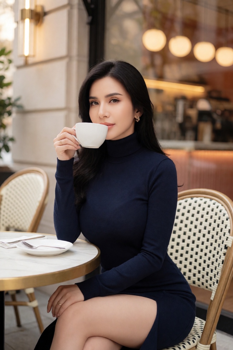 Create an editorial high-fashion finish portrait for a luxury beauty campaign featuring a woman in her early thirties,  si...