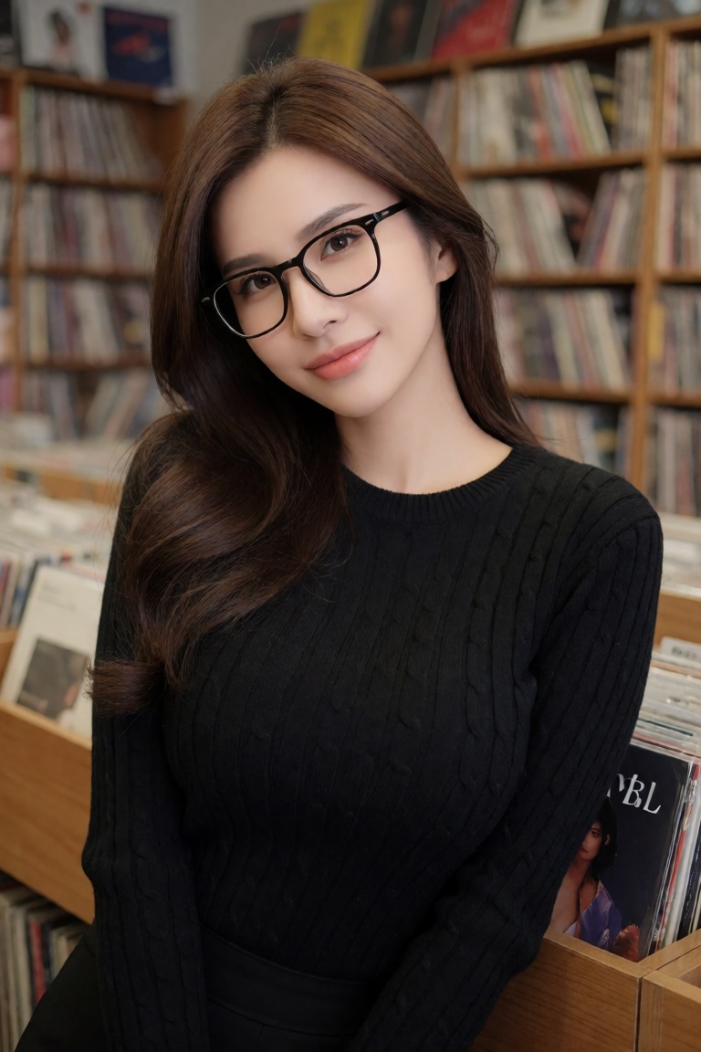 Create a high-end fashion editorial beauty image featuring a woman with long brown hair and glasses smiling at the camera...