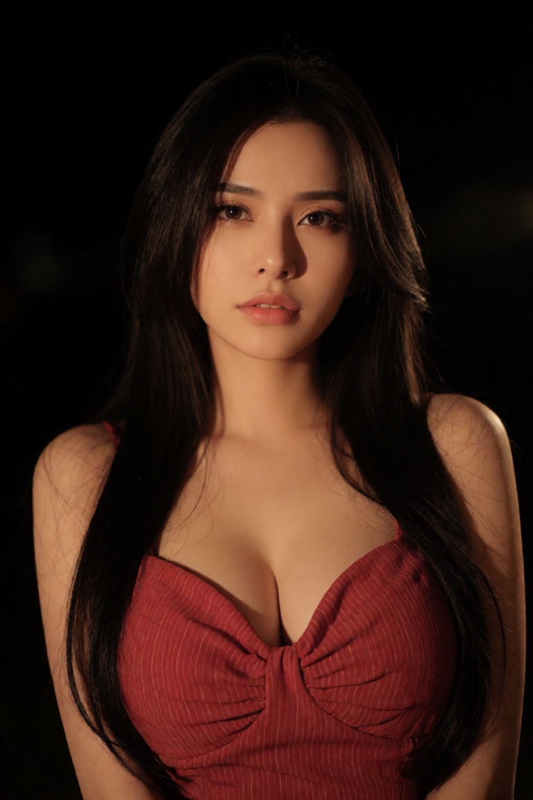 Create a cinematic scene featuring a 20-year-old woman standing against a dark backdrop,  where her long hair radiates lik...
