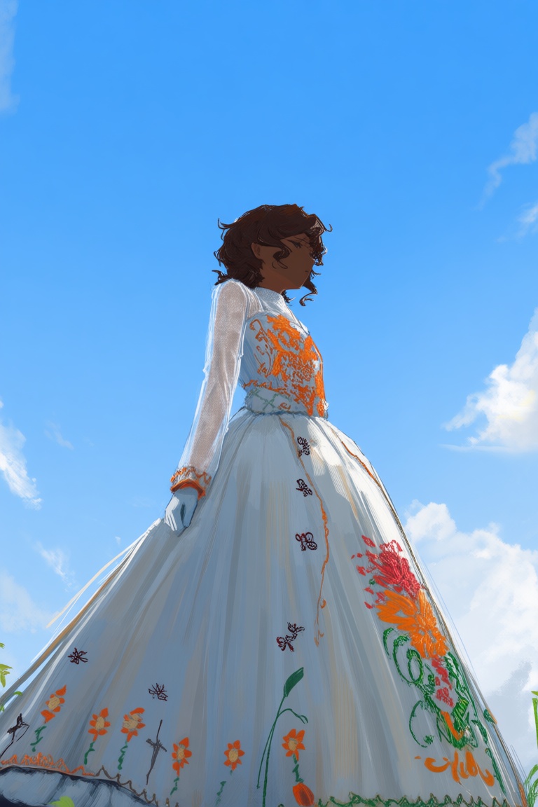 @v0l4nd3r The image depicts a person standing outdoors,  with a clear blue sky and some white clouds in the background. Th...