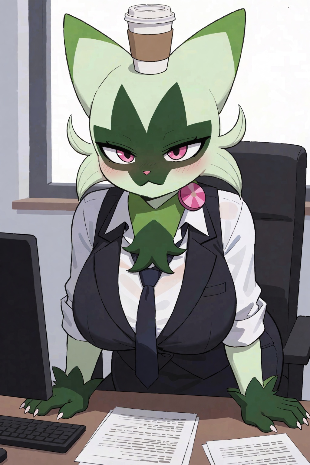 An Anthro Furry Floragato with large breasts in a business suit with rolled-up sleeves and loosened tie,  slumped dramatic...