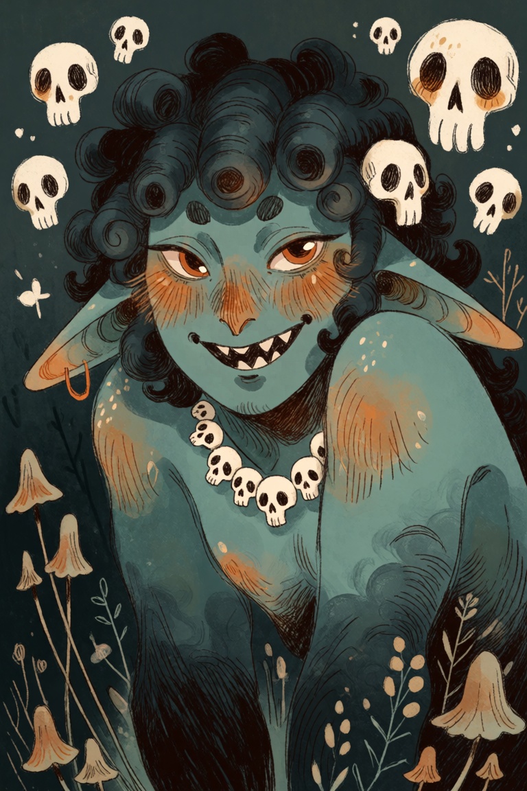 mel1fs1,  Male monster or goblin with teal-blue skin and voluminous,  curly dark hair styled like thick rolls or horns. He...