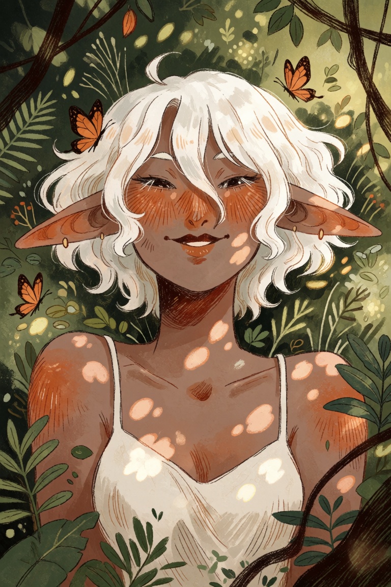 mel1fs1,  Woman with short,  wavy white hair lying peacefully among lush green foliage. She has a warm terracotta blush on...
