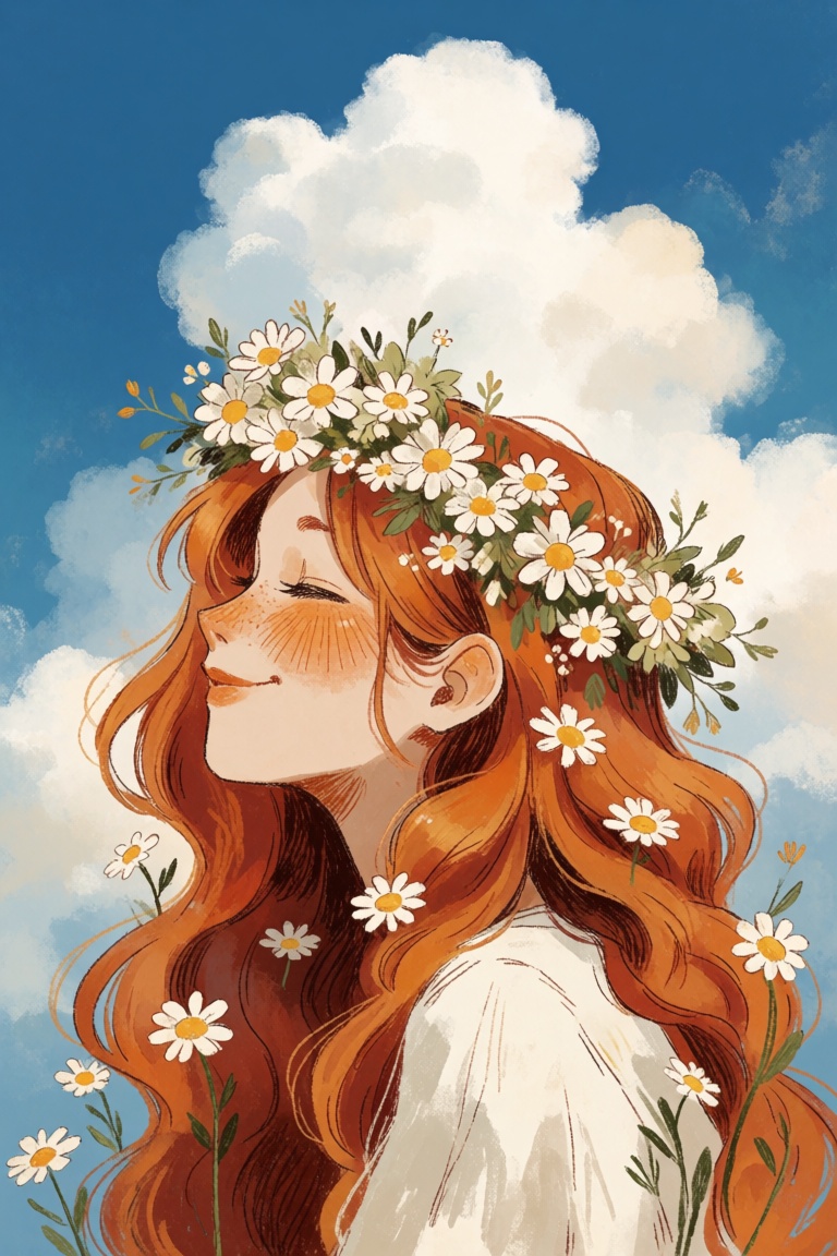 mel1fs1,  Profile portrait of a smiling young woman with long flowing orange-red hair and lightly freckled cheeks,  eyes c...