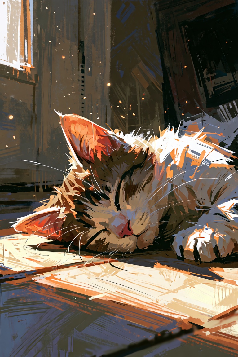 A digital painting with visible brushstrokes and texture. A kitten sleeping in a sunny spot on a floor. Dust Motes floatin...