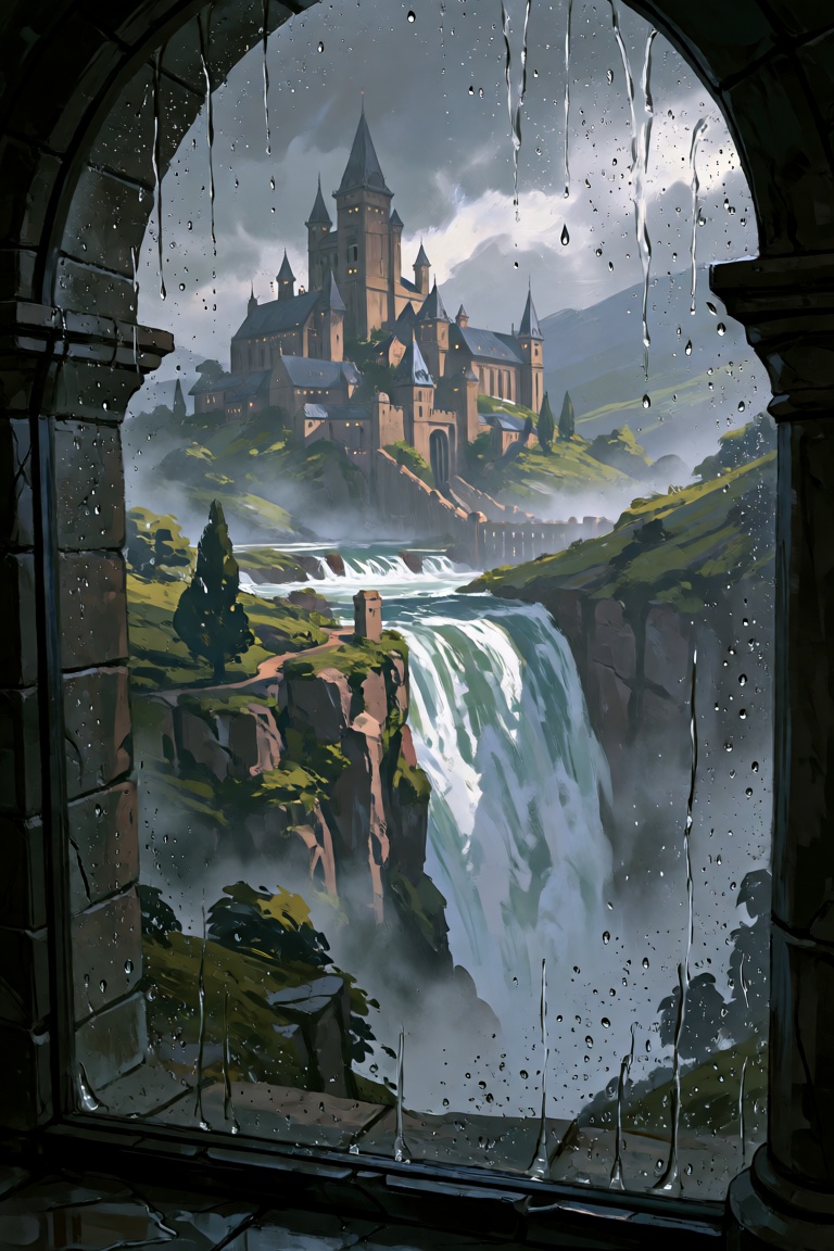 A detailed vertical landscape of a waterfall city. Misty and cloudy. Looking through wet glass interior stone castle,  rai...