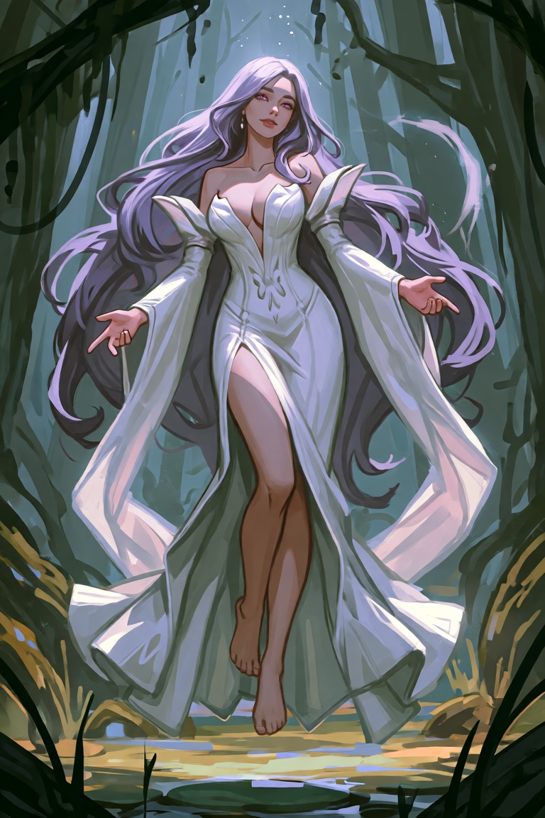 a digital painting of a beautiful woman with lilac hair,  she is wearing a white gown,  she is floating like a ghost over...
