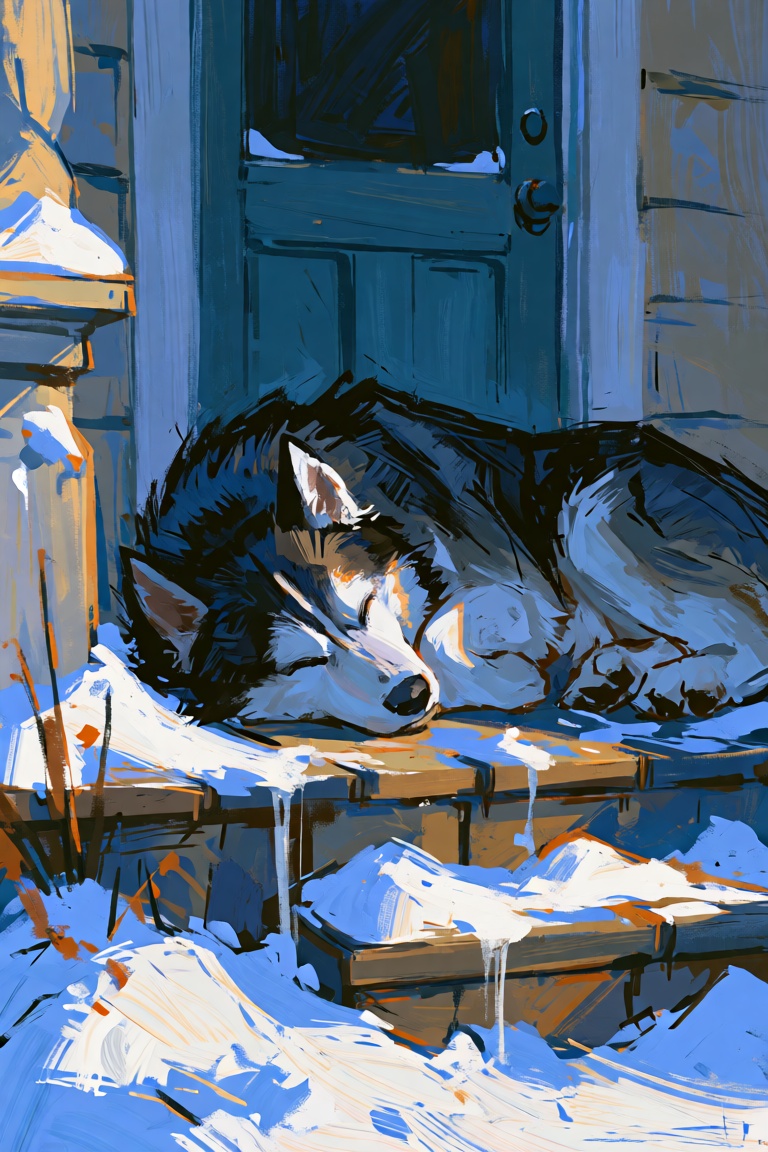 A digital painting with visible brushstrokes and texture. A husky sleeping outside on a porch,  snow has built up on the h...