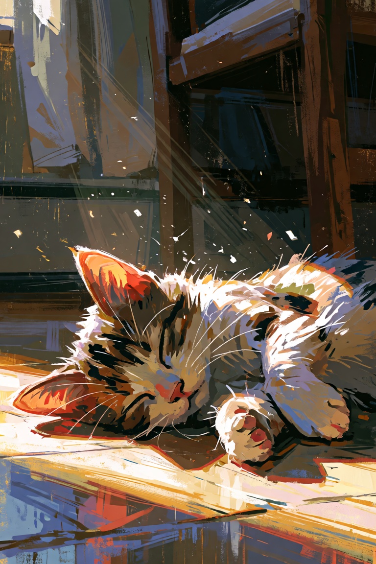 A digital painting with visible brushstrokes and texture. A kitten sleeping in a sunny spot on a floor. Dust Motes floatin...
