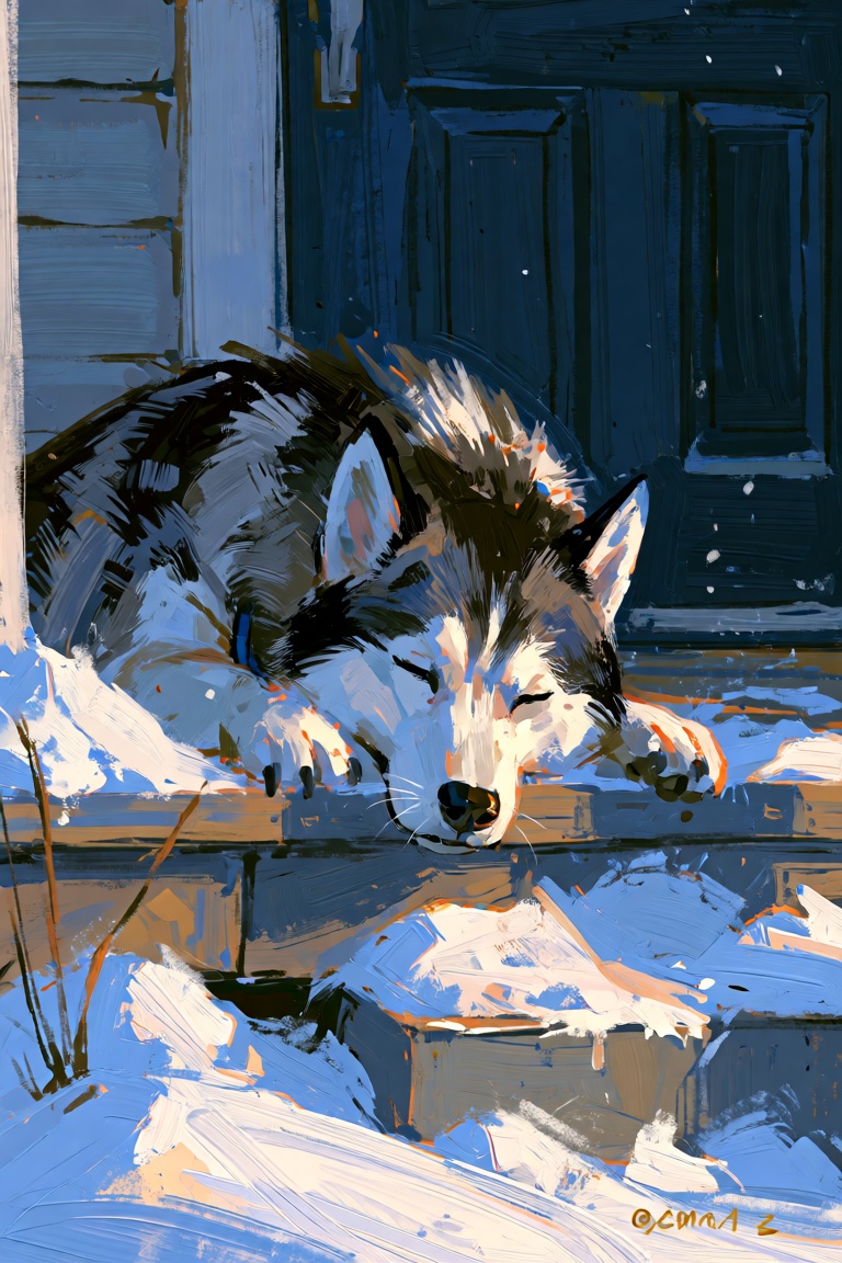 A digital painting with visible brushstrokes and texture. A husky sleeping outside on a porch,  snow has built up on the h...